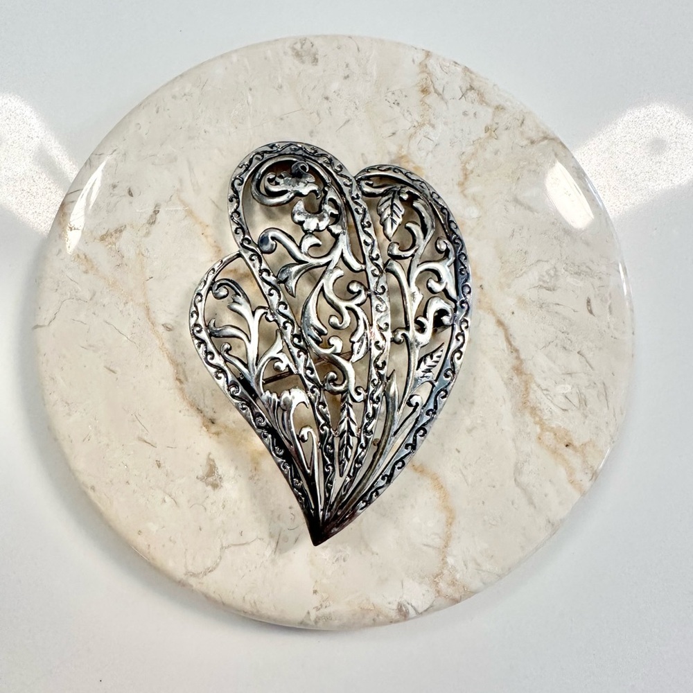 Vintage Sterling 925 dp Doug Paulus Brooch Filigree Ornate Feather Leaf Chunky